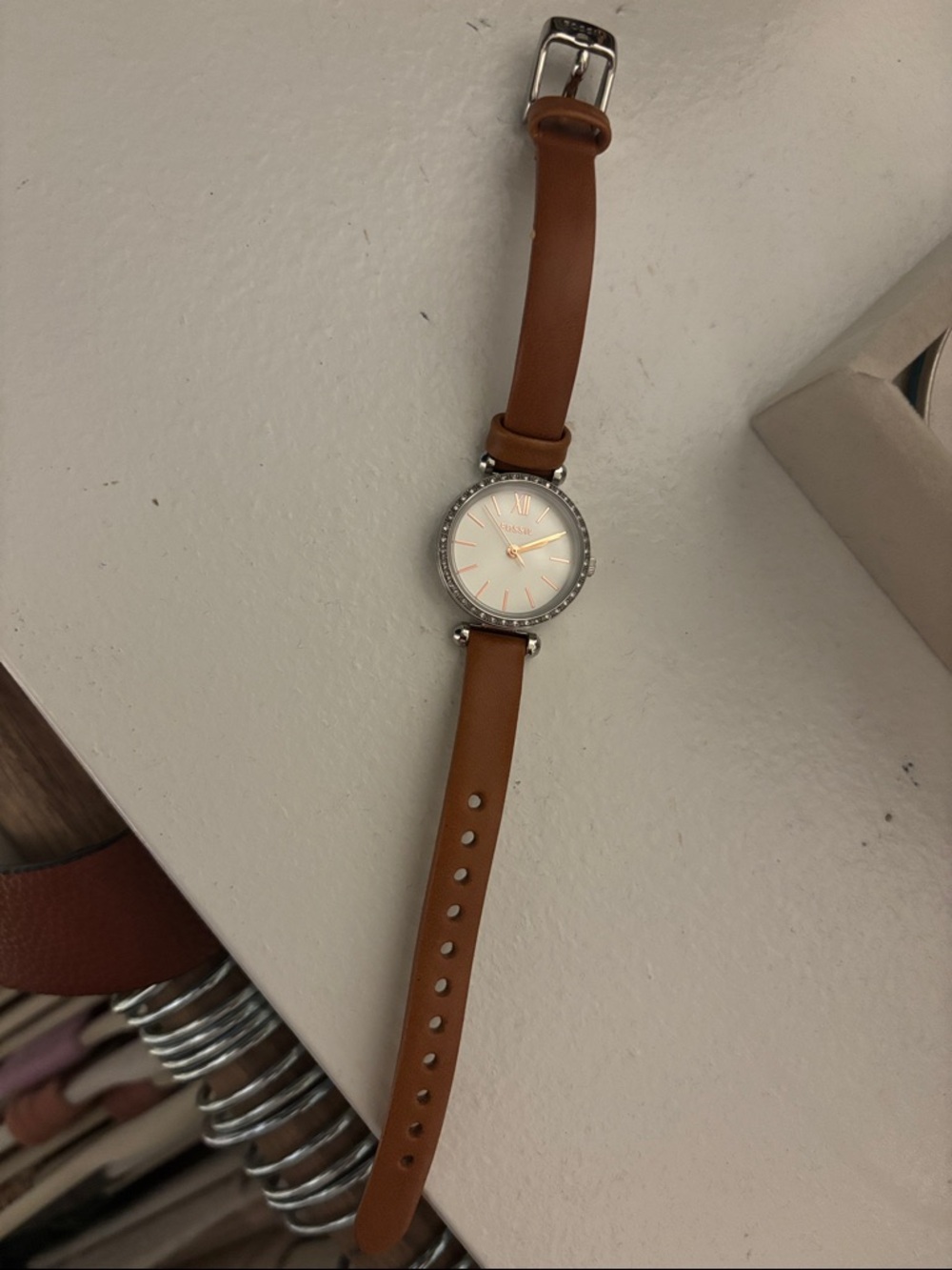 Fossil Tan Leather Strap Watch with Crystal Accents